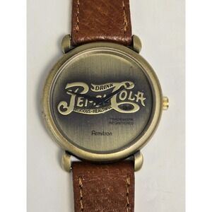 Vintage 1990 ARMITRON Drink Pepsi Cola Quartz Watch Bronze Case Dial Leather